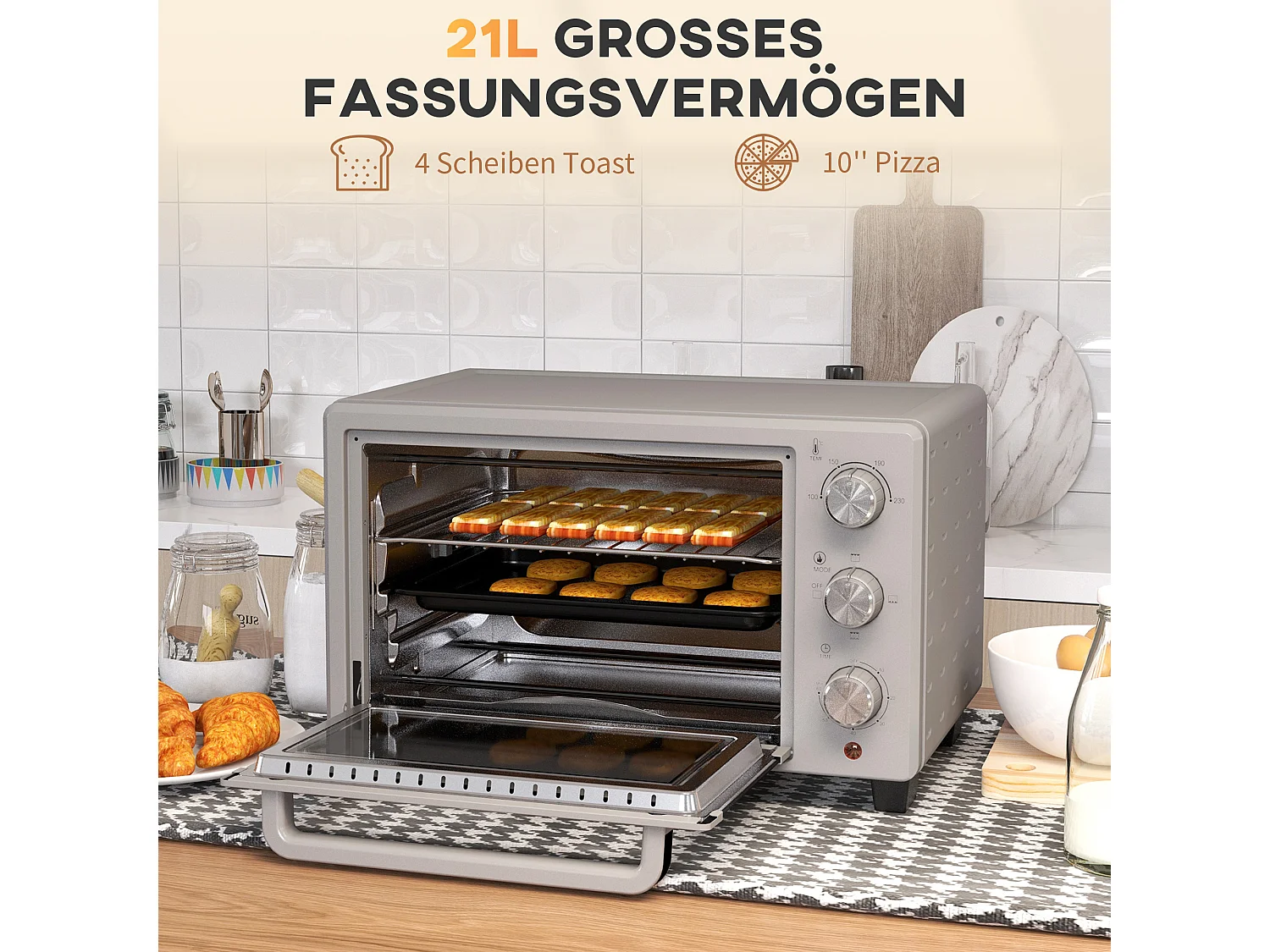 Mini four 21L, 1400W, 3 modes, 100-230°C, inox, avec grille et plaque de cuisson (46L x 38.5W x 29Hcm)