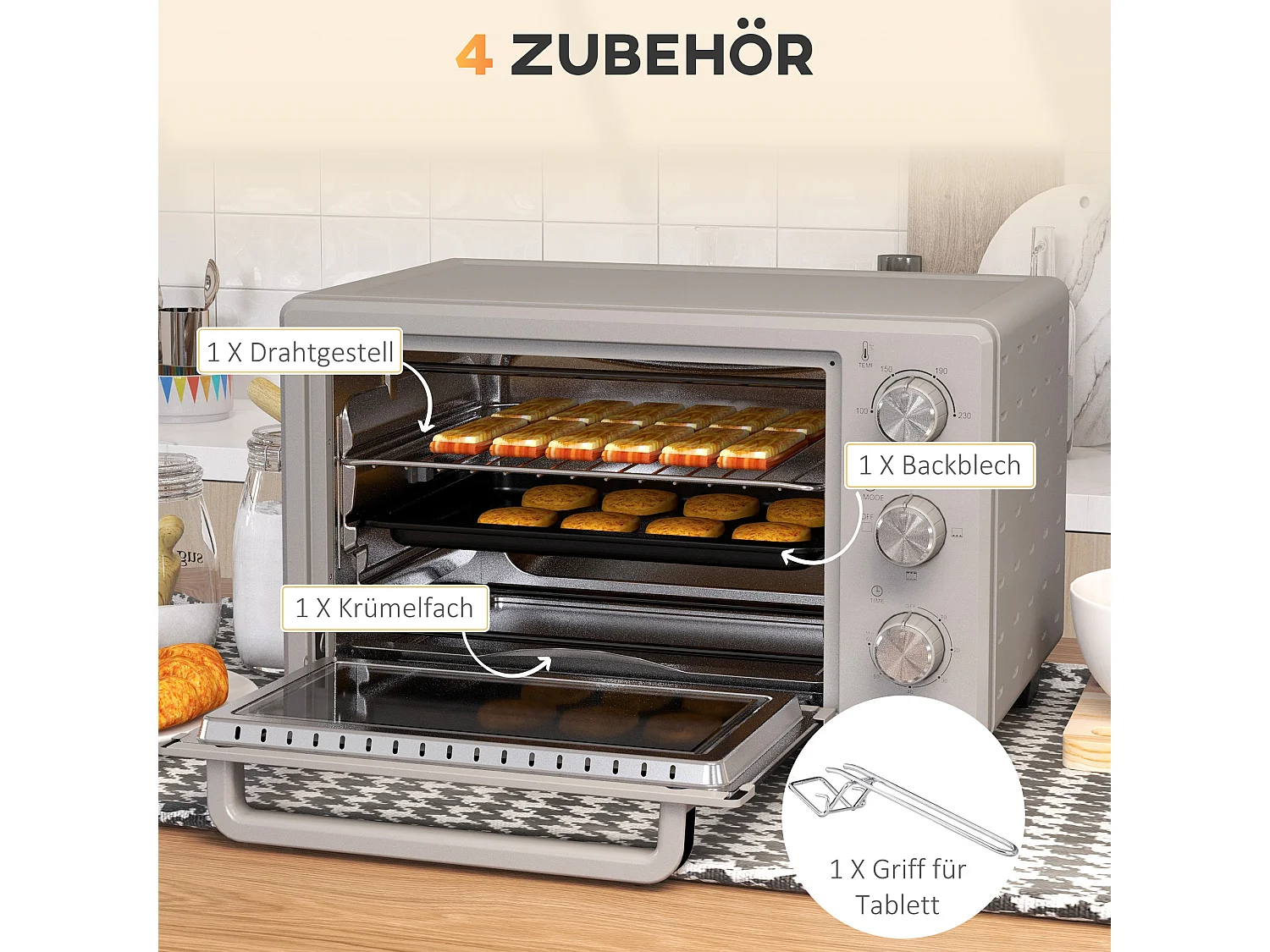 Mini four 21L, 1400W, 3 modes, 100-230°C, inox, avec grille et plaque de cuisson (46L x 38.5W x 29Hcm)