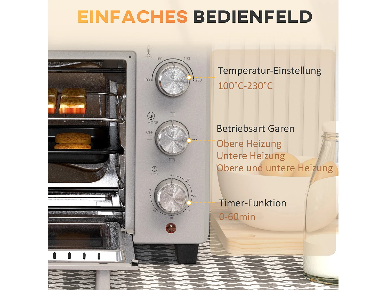 Mini four 21L, 1400W, 3 modes, 100-230°C, inox, avec grille et plaque de cuisson (46L x 38.5W x 29Hcm)