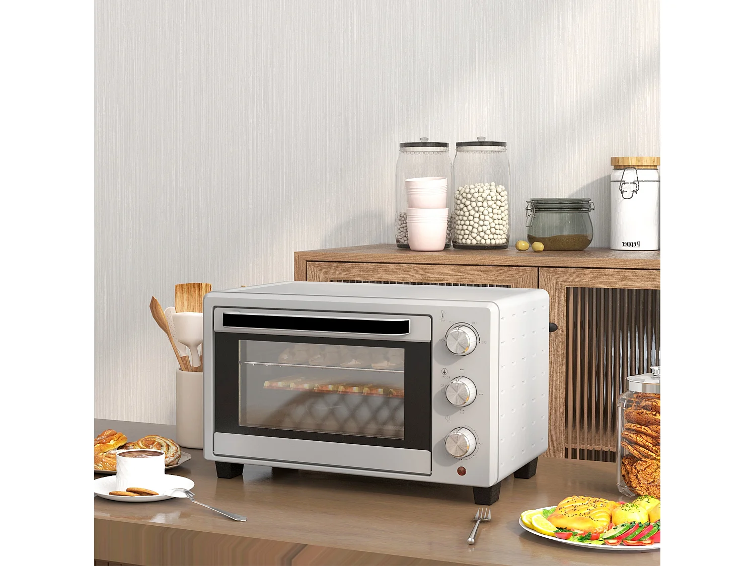 Mini four 21L, 1400W, 3 modes, 100-230°C, inox, avec grille et plaque de cuisson (46L x 38.5W x 29Hcm)