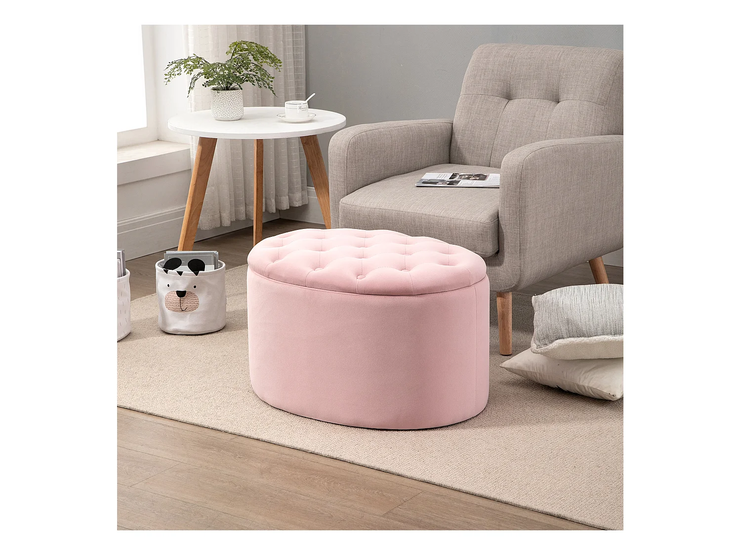 Banc de rangement ovale rembourré, tissu velours et bois d'hévéa, rose (71x52x42 cm)