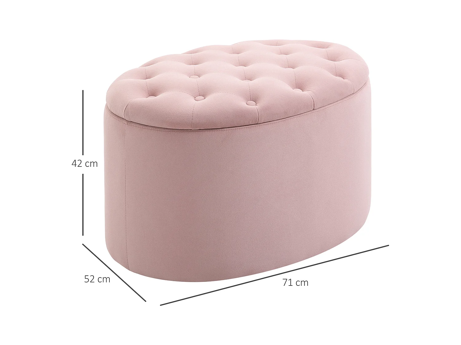 Banc de rangement ovale rembourré, tissu velours et bois d'hévéa, rose (71x52x42 cm)