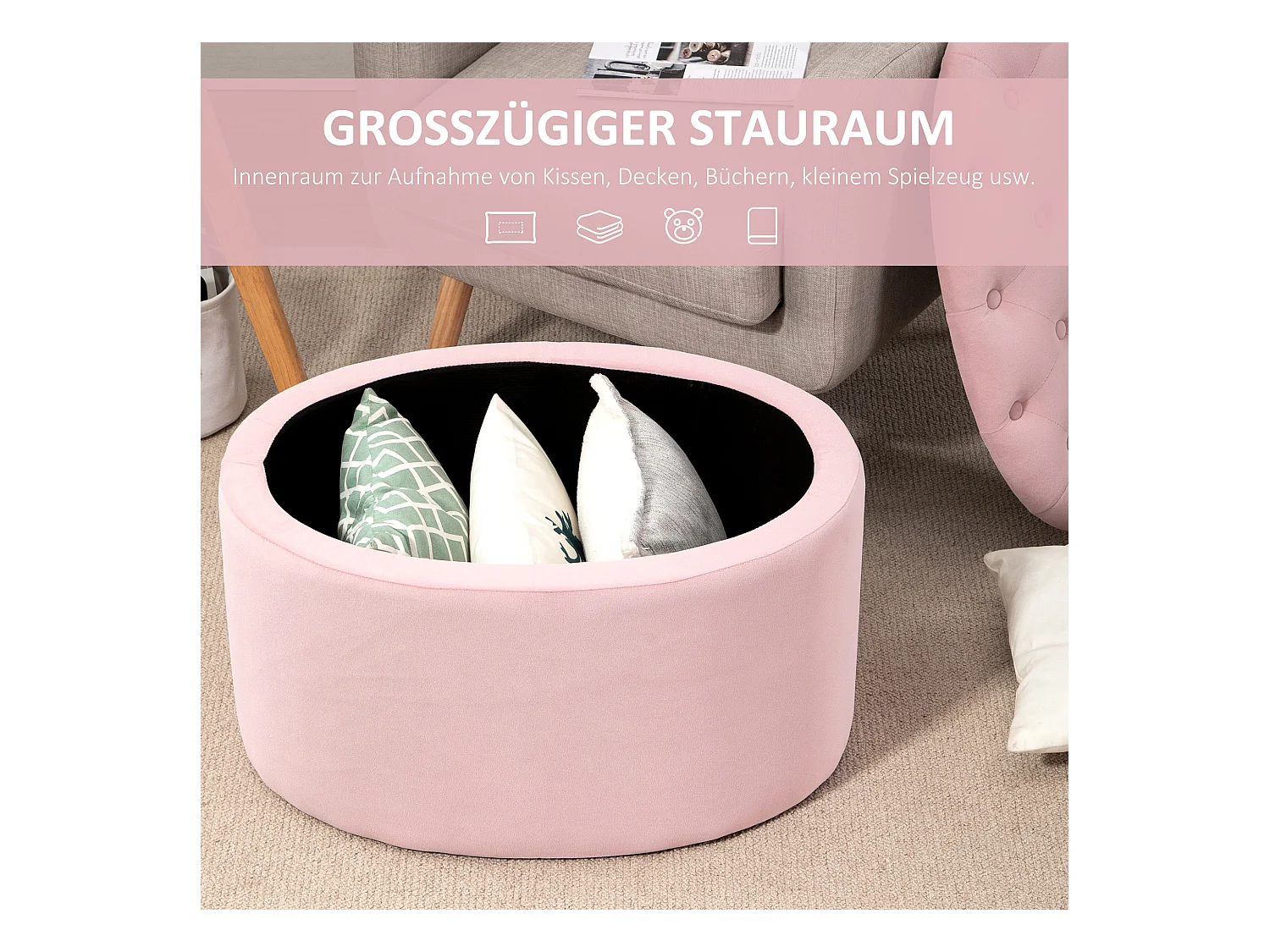 Banc de rangement ovale rembourré, tissu velours et bois d'hévéa, rose (71x52x42 cm)