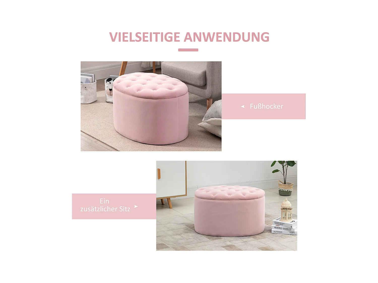 Banc de rangement ovale rembourré, tissu velours et bois d'hévéa, rose (71x52x42 cm)