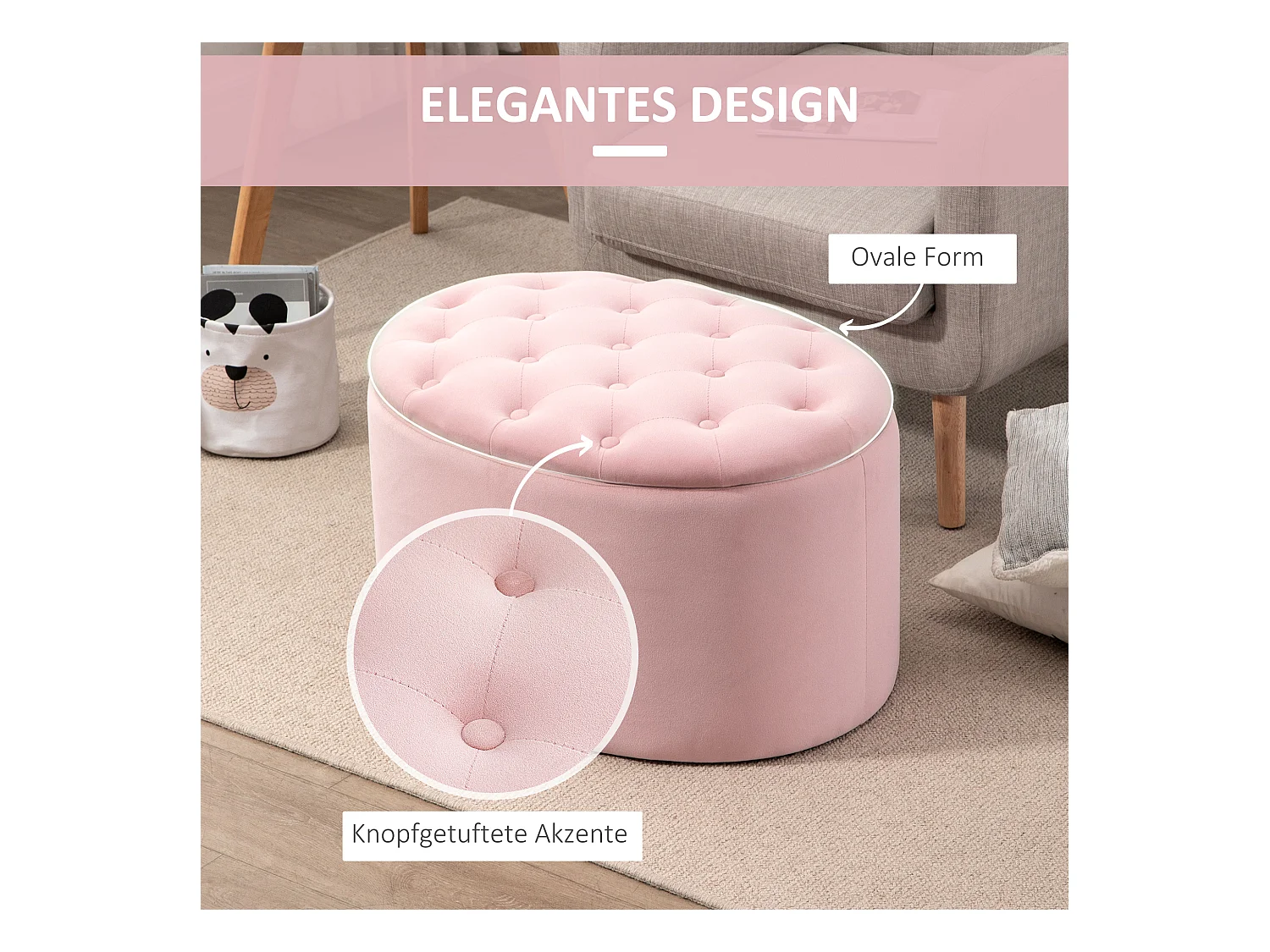 Banc de rangement ovale rembourré, tissu velours et bois d'hévéa, rose (71x52x42 cm)