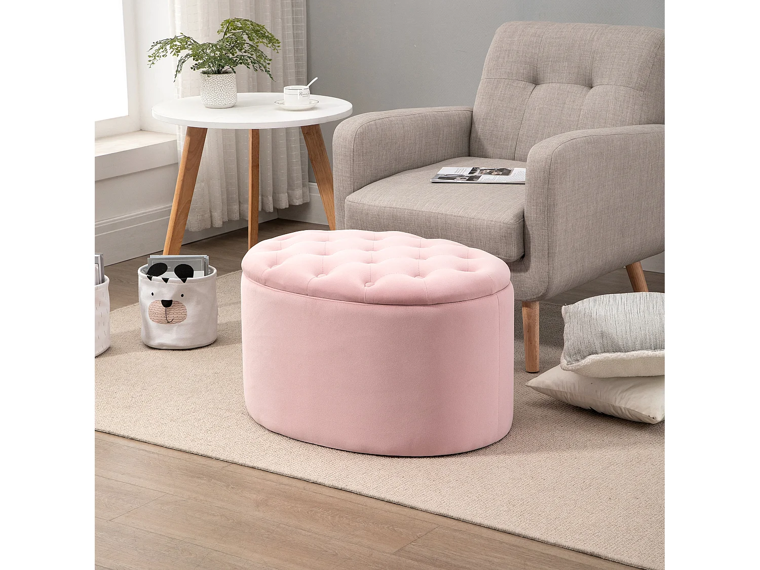 Banc de rangement ovale rembourré, tissu velours et bois d'hévéa, rose (71x52x42 cm)