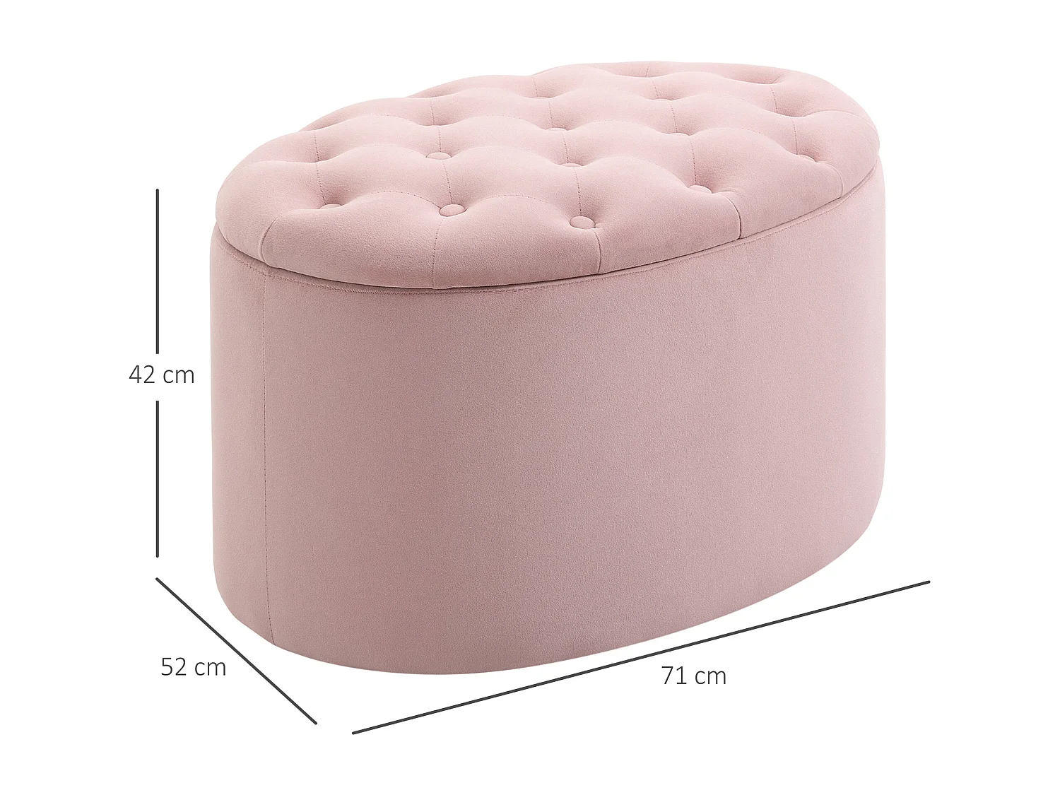 Banc de rangement ovale rembourré, tissu velours et bois d'hévéa, rose (71x52x42 cm)