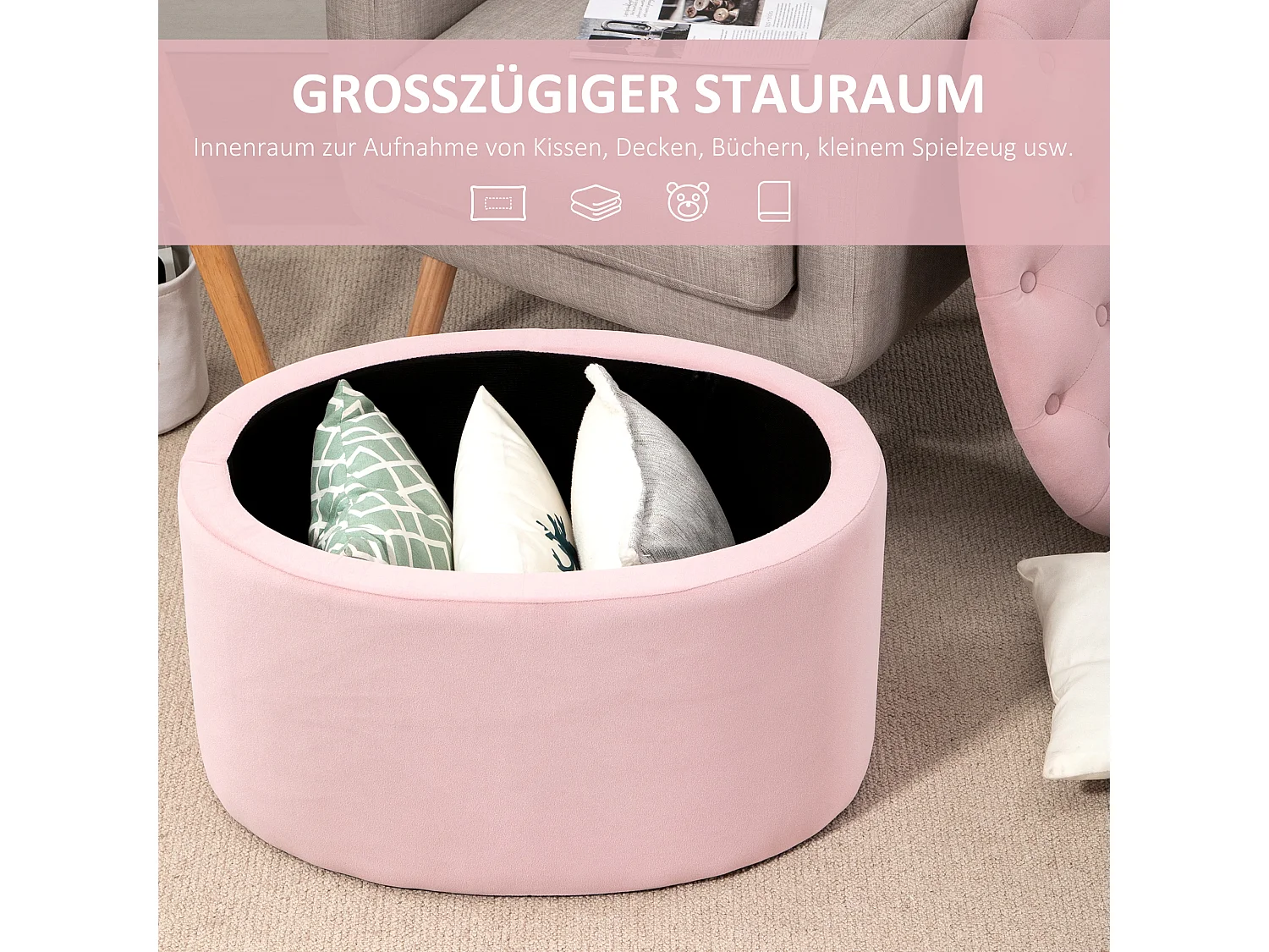 Banc de rangement ovale rembourré, tissu velours et bois d'hévéa, rose (71x52x42 cm)