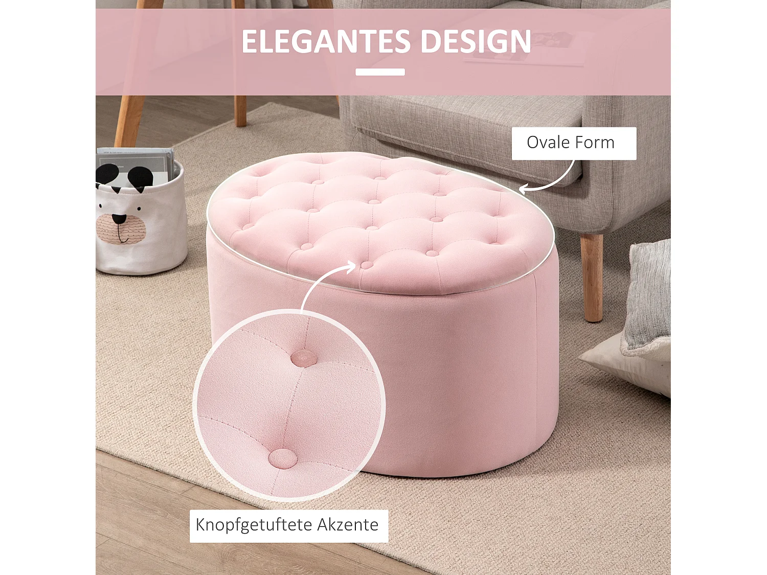 Banc de rangement ovale rembourré, tissu velours et bois d'hévéa, rose (71x52x42 cm)