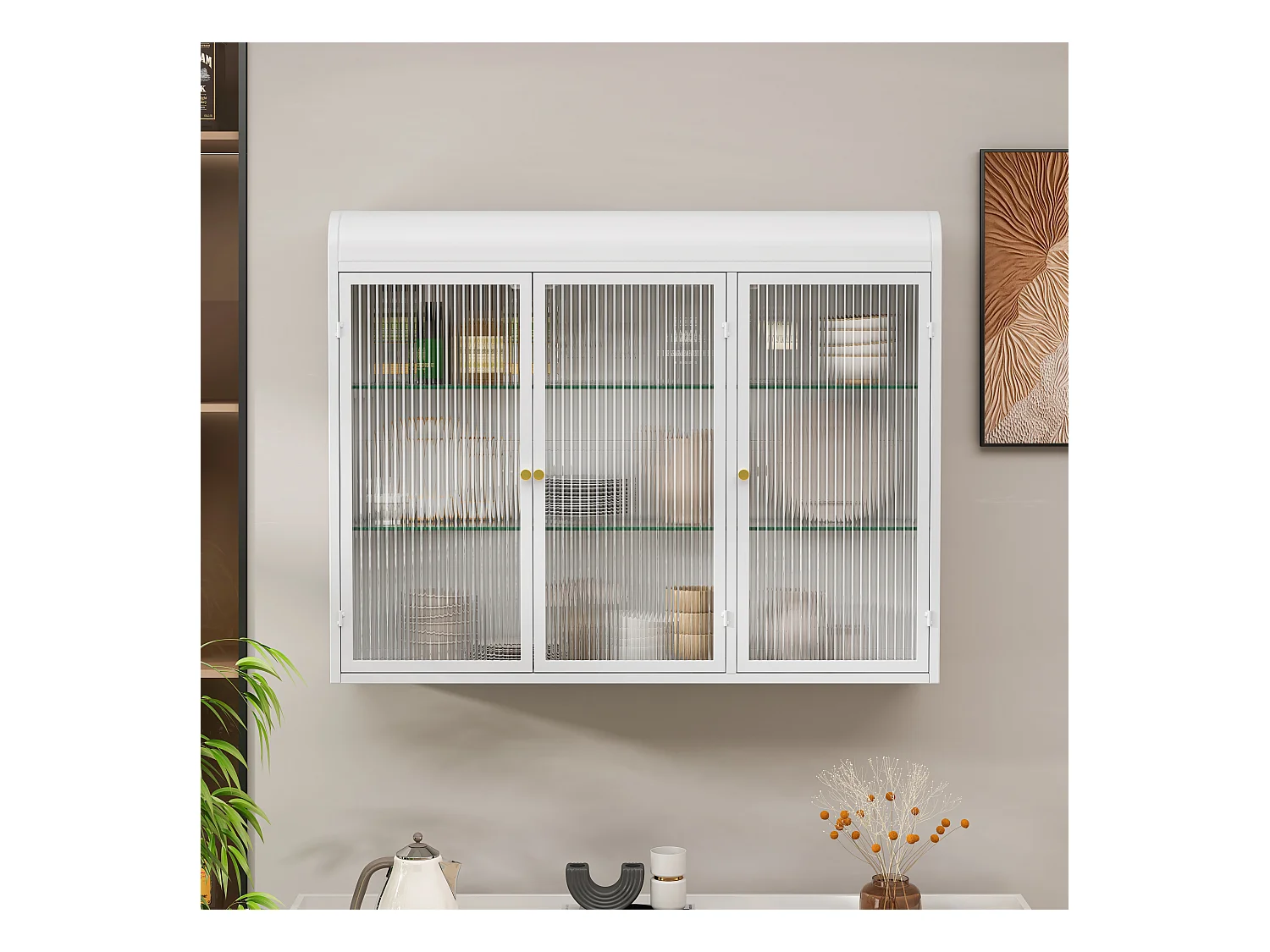Cabinet mural en verre à 3 portes arquées pour cuisine, salon et salle de bain, métal et verre, blanc (90x19.5x70 cm)