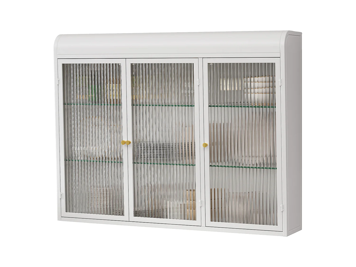 Cabinet mural en verre à 3 portes arquées pour cuisine, salon et salle de bain, métal et verre, blanc (90x19.5x70 cm)