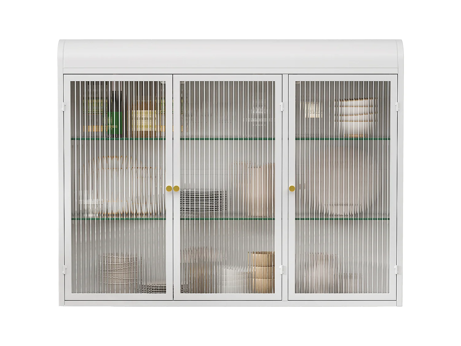 Cabinet mural en verre à 3 portes arquées pour cuisine, salon et salle de bain, métal et verre, blanc (90x19.5x70 cm)