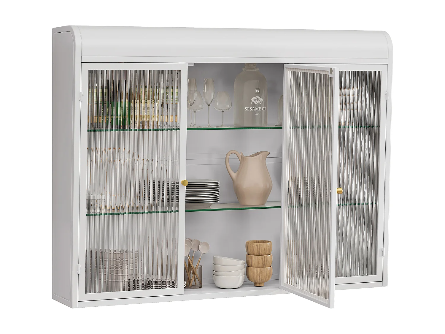 Cabinet mural en verre à 3 portes arquées pour cuisine, salon et salle de bain, métal et verre, blanc (90x19.5x70 cm)