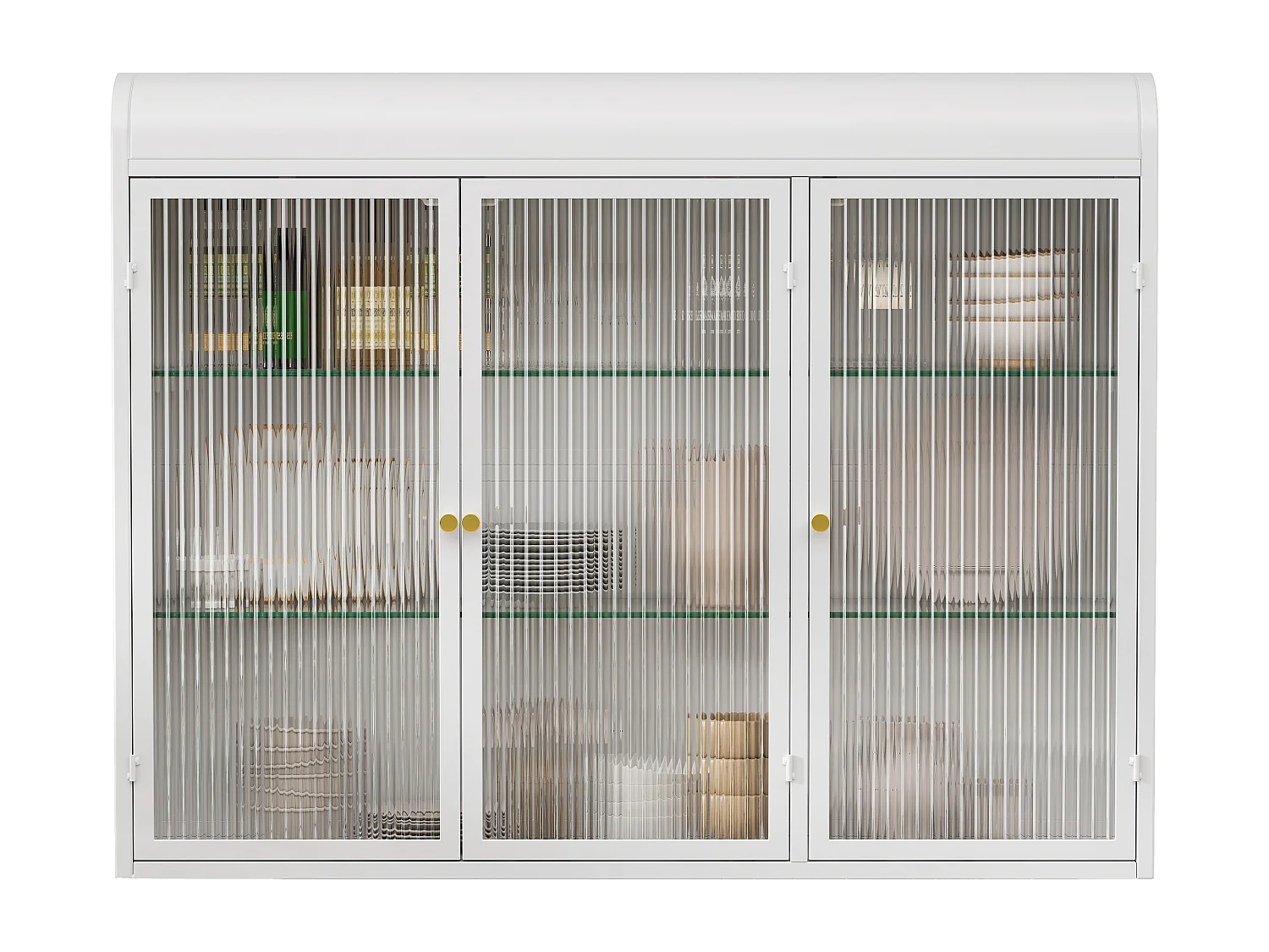Cabinet mural en verre à 3 portes arquées pour cuisine, salon et salle de bain, métal et verre, blanc (90x19.5x70 cm)