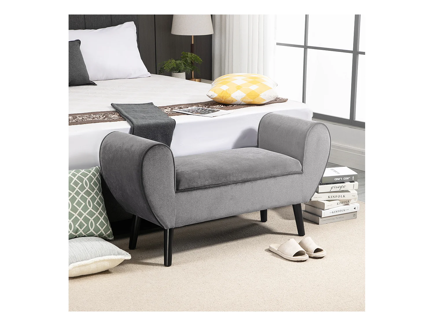 Banc de rangement avec accoudoirs, tissu velours et structure en bois d'hévéa, gris (118x42x66 cm)