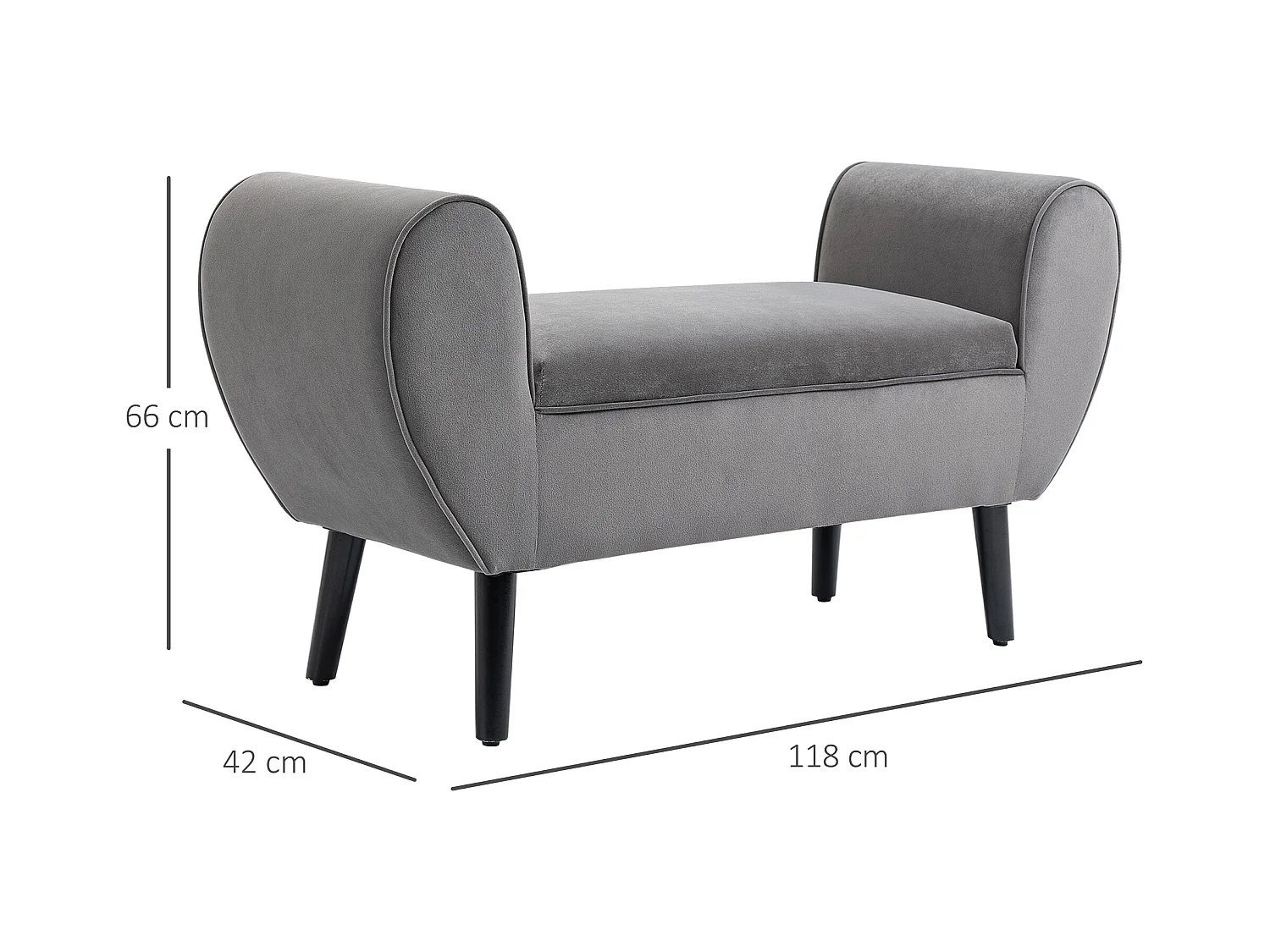 Banc de rangement avec accoudoirs, tissu velours et structure en bois d'hévéa, gris (118x42x66 cm)