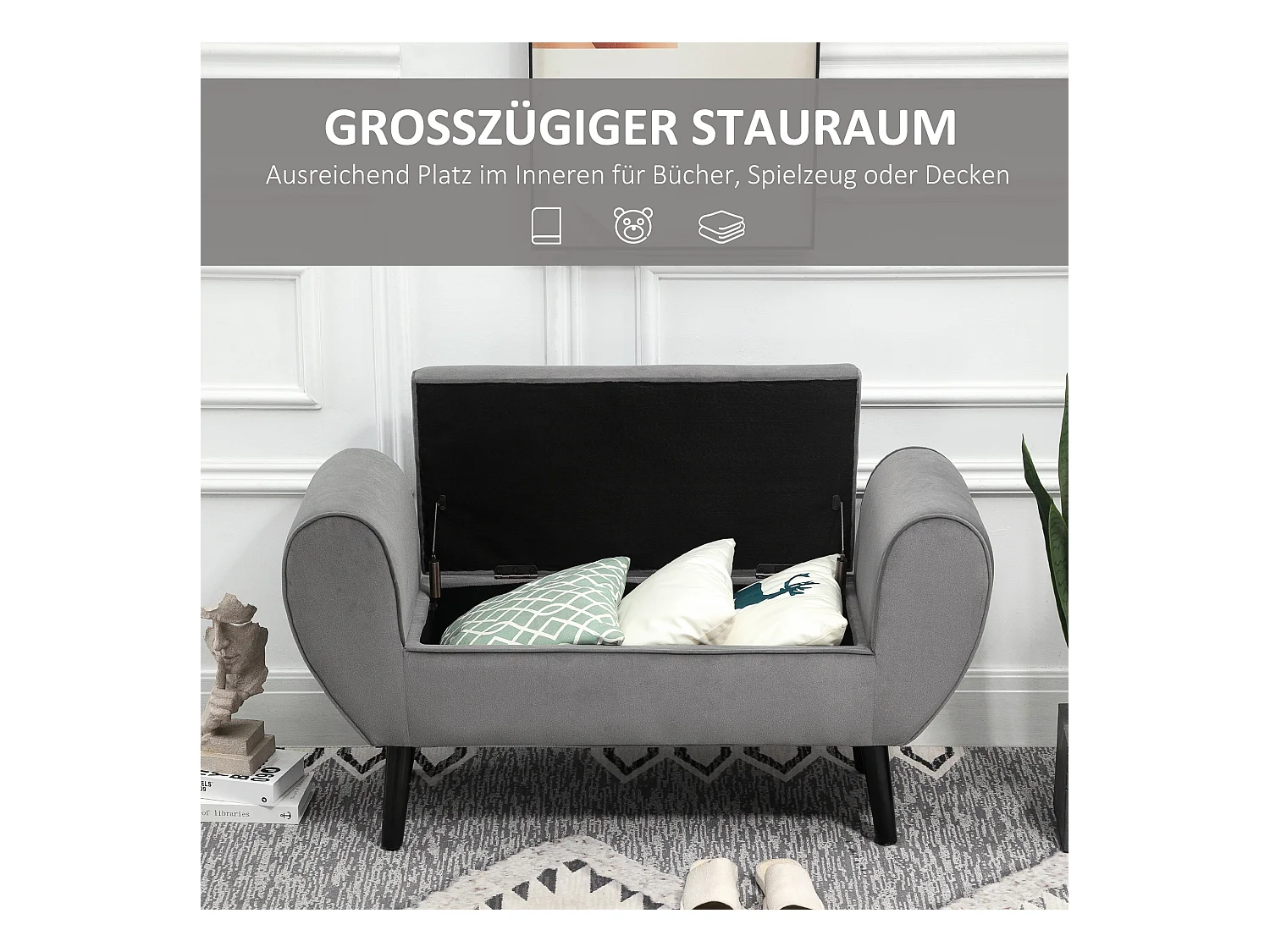 Banc de rangement avec accoudoirs, tissu velours et structure en bois d'hévéa, gris (118x42x66 cm)