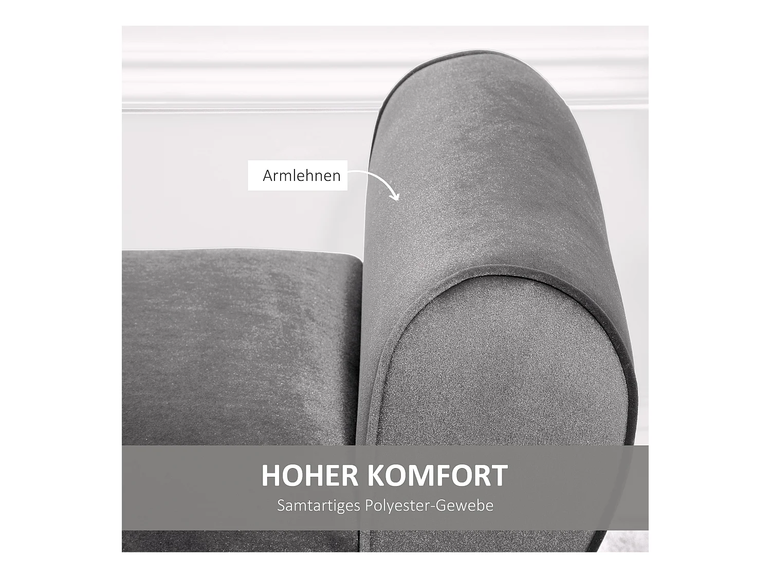 Banc de rangement avec accoudoirs, tissu velours et structure en bois d'hévéa, gris (118x42x66 cm)