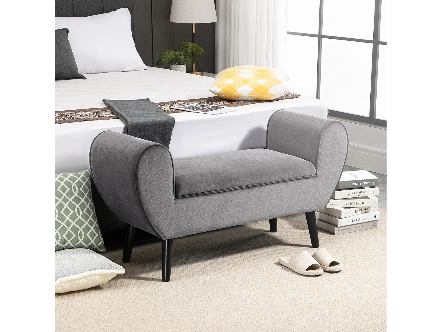 Banc de rangement avec accoudoirs, tissu velours et structure en bois d'hévéa, gris (118x42x66 cm)