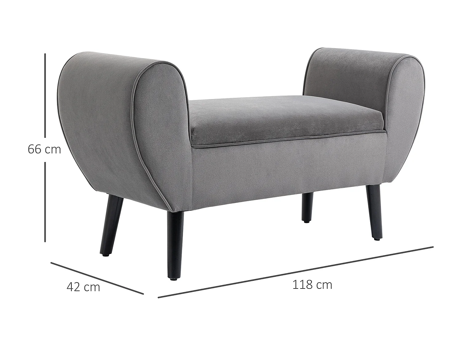 Banc de rangement avec accoudoirs, tissu velours et structure en bois d'hévéa, gris (118x42x66 cm)