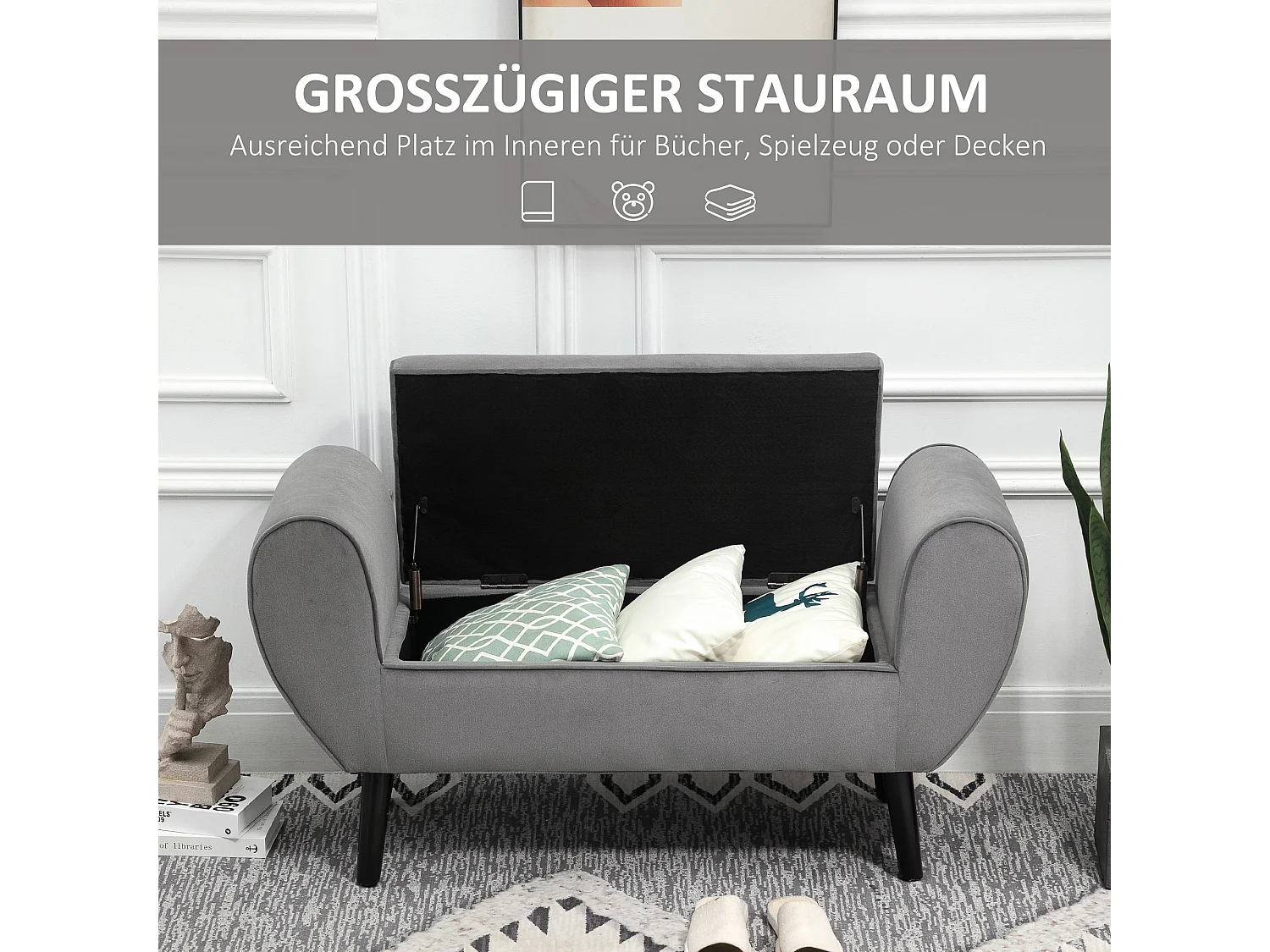 Banc de rangement avec accoudoirs, tissu velours et structure en bois d'hévéa, gris (118x42x66 cm)