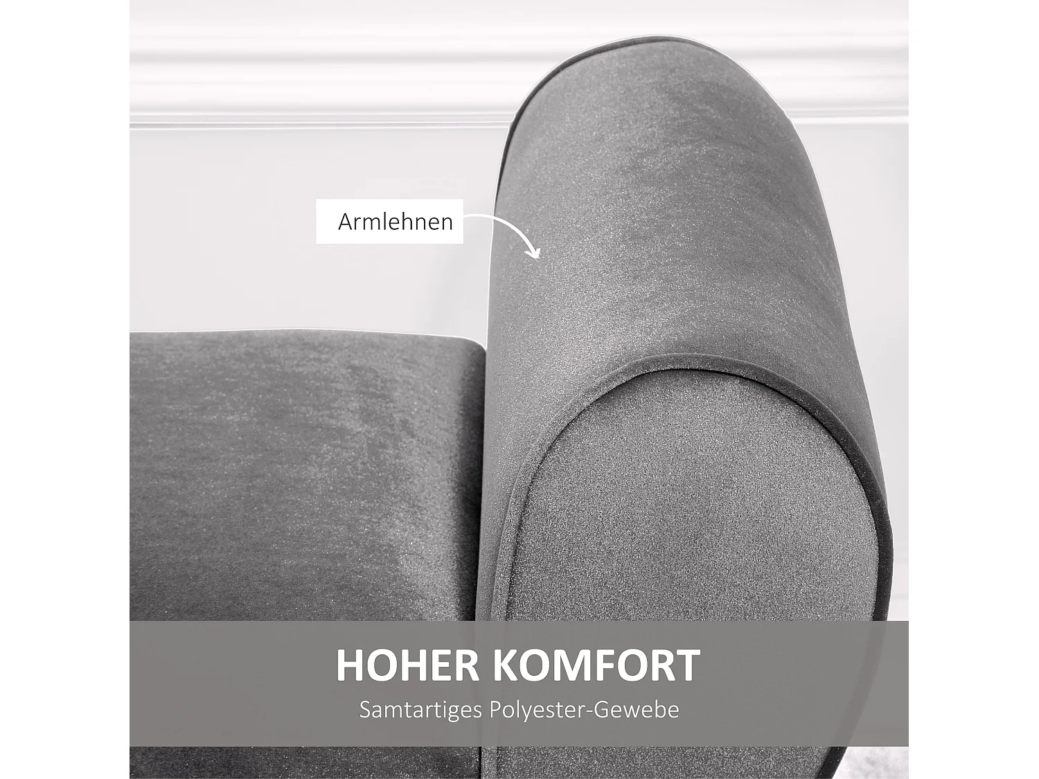 Banc de rangement avec accoudoirs, tissu velours et structure en bois d'hévéa, gris (118x42x66 cm)