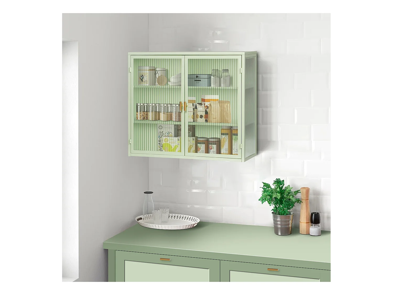 Wandkast met glazen deuren, 2 deuren, 3 opbergniveaus, metaal en glas, groen (70x23,01x59,99 cm)