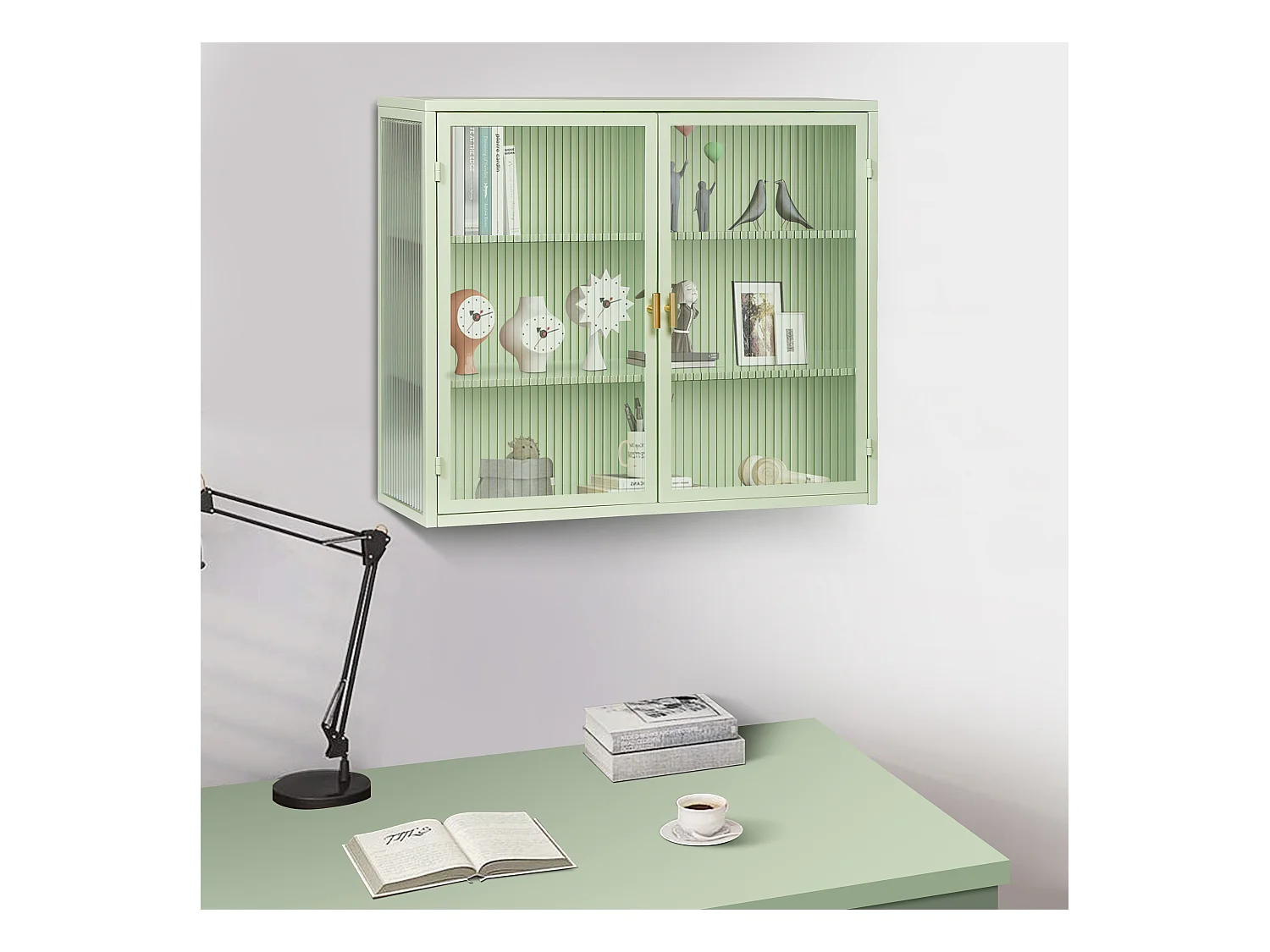 Wandkast met glazen deuren, 2 deuren, 3 opbergniveaus, metaal en glas, groen (70x23,01x59,99 cm)