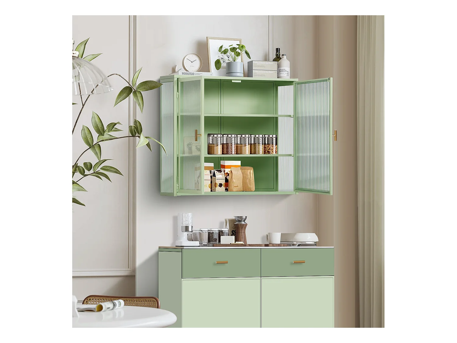 Wandkast met glazen deuren, 2 deuren, 3 opbergniveaus, metaal en glas, groen (70x23,01x59,99 cm)