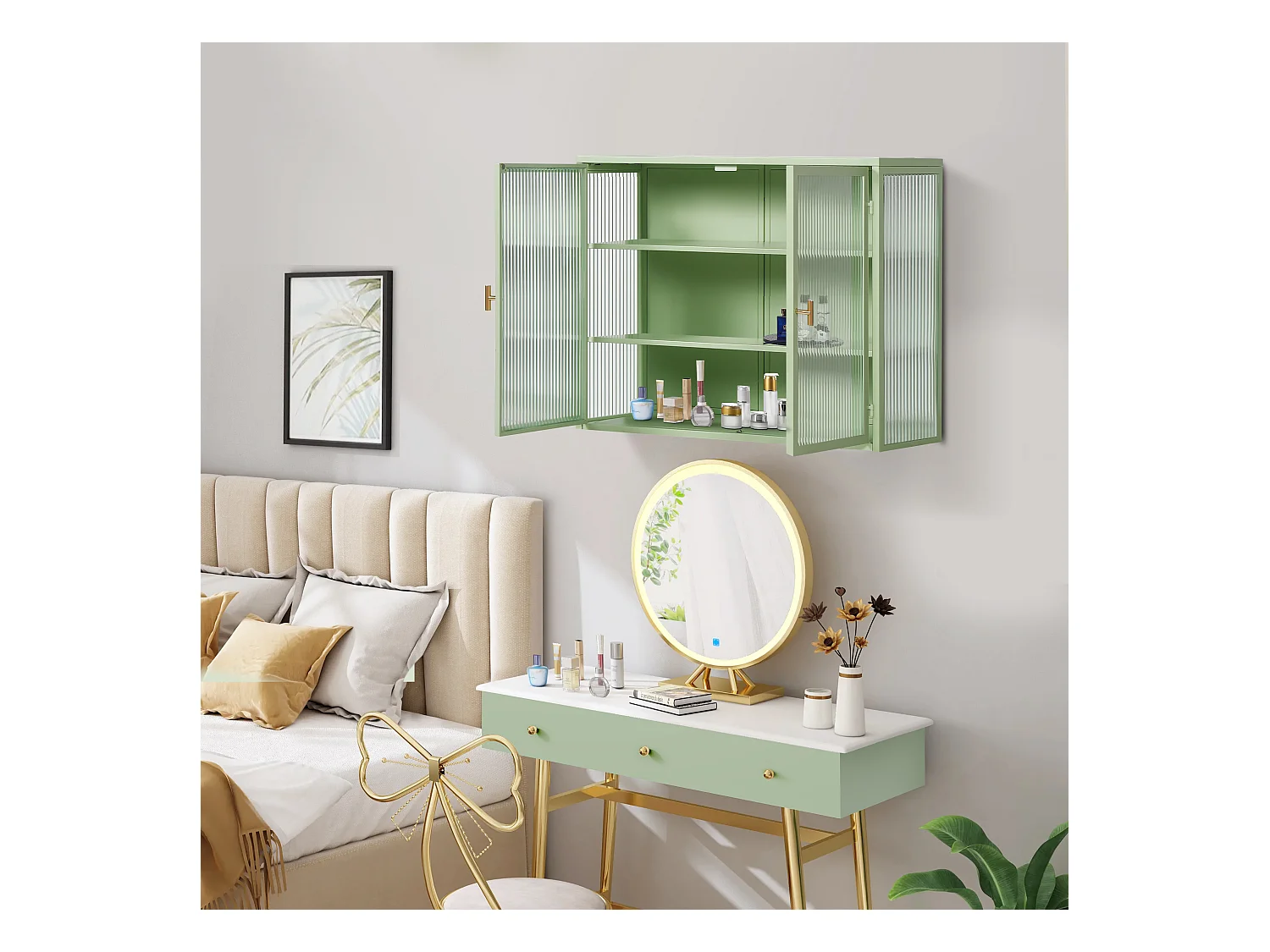 Wandkast met glazen deuren, 2 deuren, 3 opbergniveaus, metaal en glas, groen (70x23,01x59,99 cm)