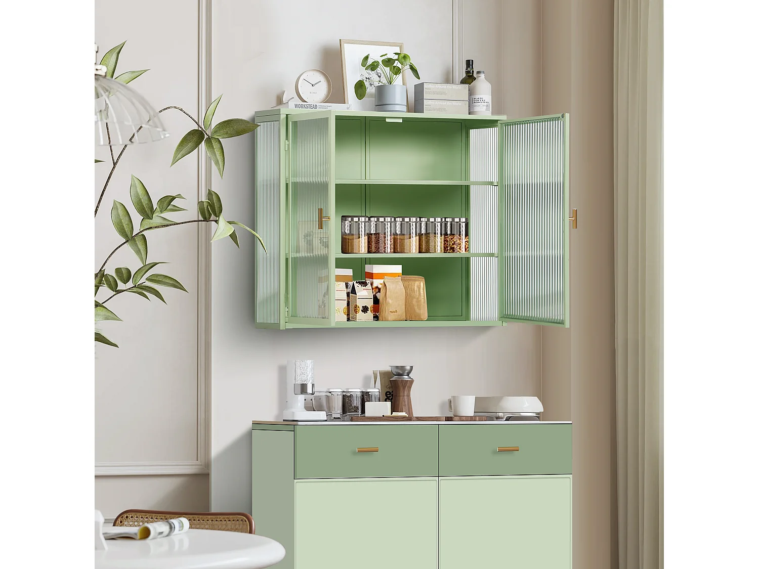 Cabinet mural à portes en verre, 2 portes, 3 niveaux de rangement, métal et verre, vert (70x23.01x59.99 cm)