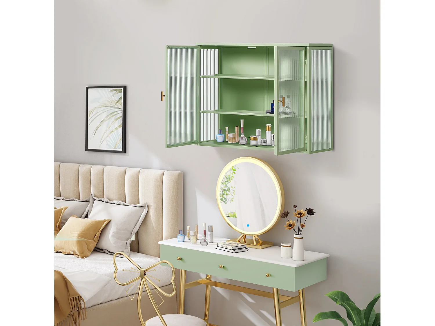 Cabinet mural à portes en verre, 2 portes, 3 niveaux de rangement, métal et verre, vert (70x23.01x59.99 cm)