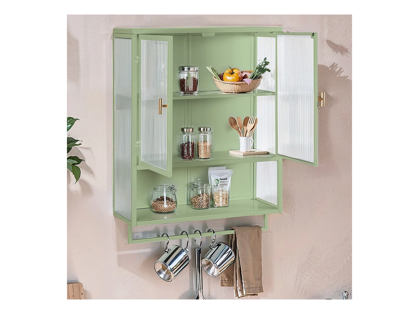 Moderne wandkast met glazen deuren, 2 deuren, opbergruimte op twee niveaus, open plank en handdoekenrek, groen (60x23x78 cm)