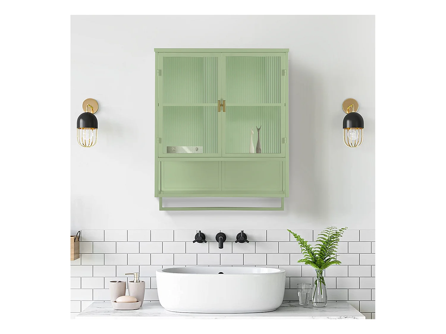 Moderne wandkast met glazen deuren, 2 deuren, opbergruimte op twee niveaus, open plank en handdoekenrek, groen (60x23x78 cm)