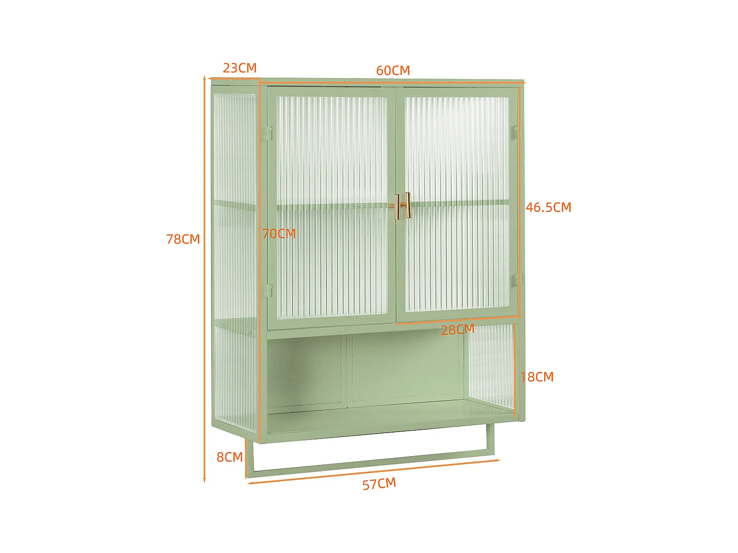 Moderne wandkast met glazen deuren, 2 deuren, opbergruimte op twee niveaus, open plank en handdoekenrek, groen (60x23x78 cm)