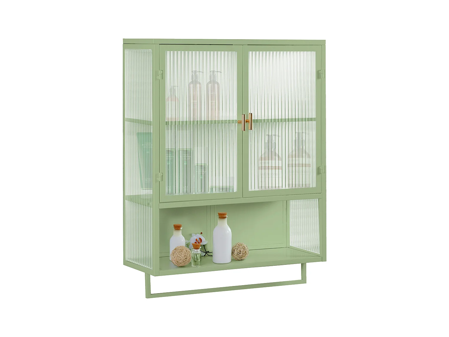 Moderne wandkast met glazen deuren, 2 deuren, opbergruimte op twee niveaus, open plank en handdoekenrek, groen (60x23x78 cm)
