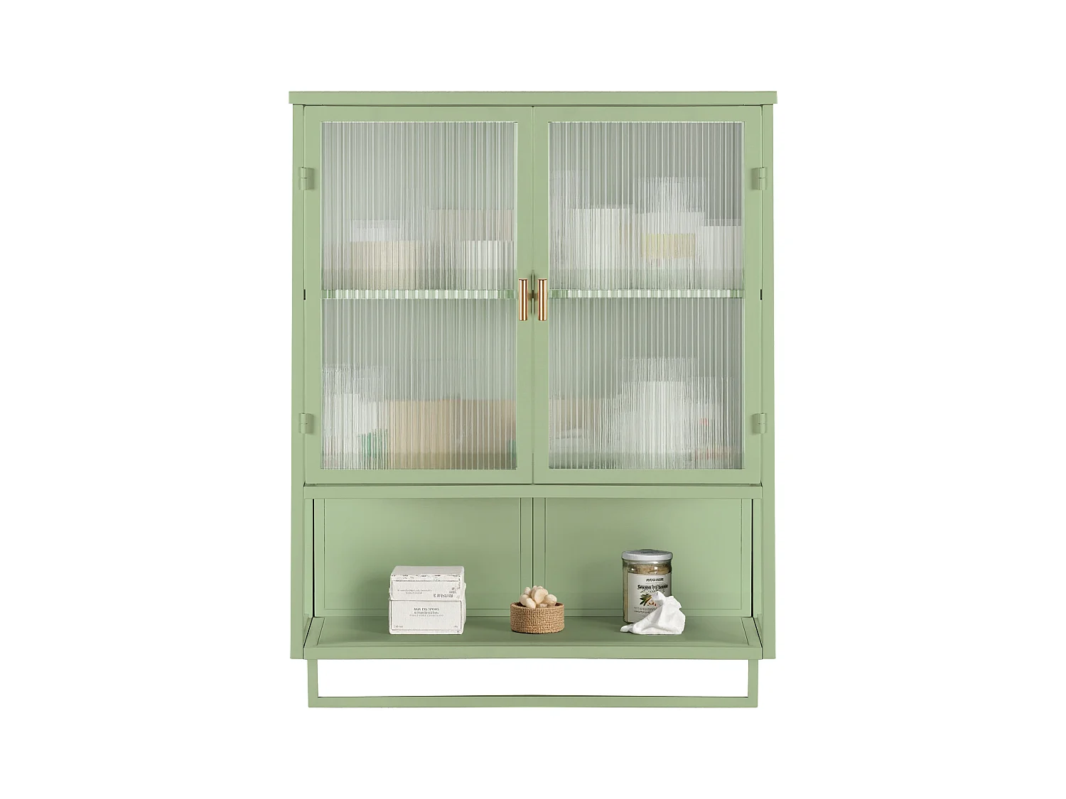 Moderne wandkast met glazen deuren, 2 deuren, opbergruimte op twee niveaus, open plank en handdoekenrek, groen (60x23x78 cm)