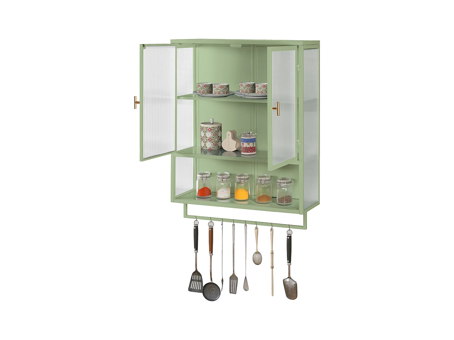 Moderne wandkast met glazen deuren, 2 deuren, opbergruimte op twee niveaus, open plank en handdoekenrek, groen (60x23x78 cm)