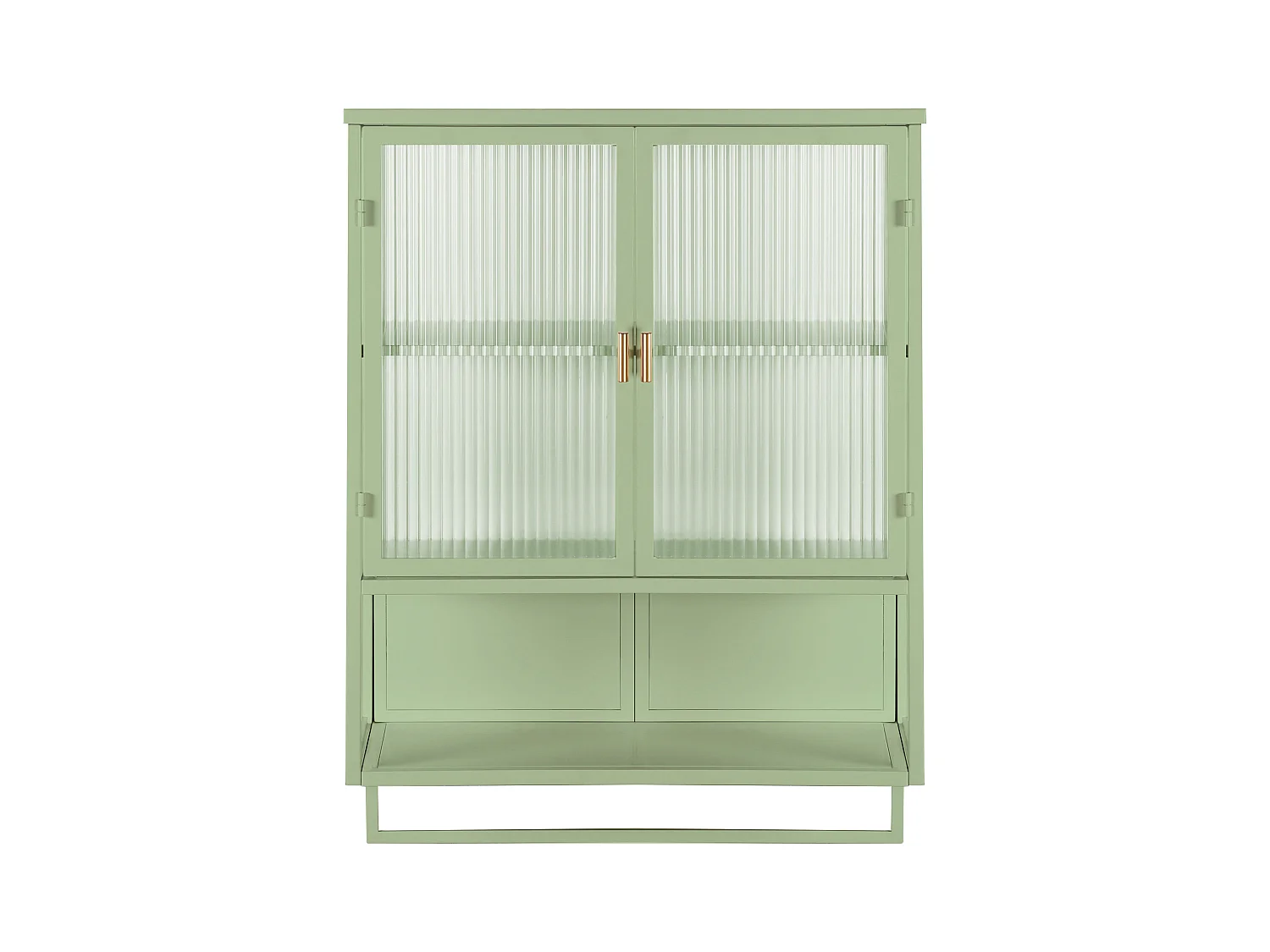 Moderne wandkast met glazen deuren, 2 deuren, opbergruimte op twee niveaus, open plank en handdoekenrek, groen (60x23x78 cm)