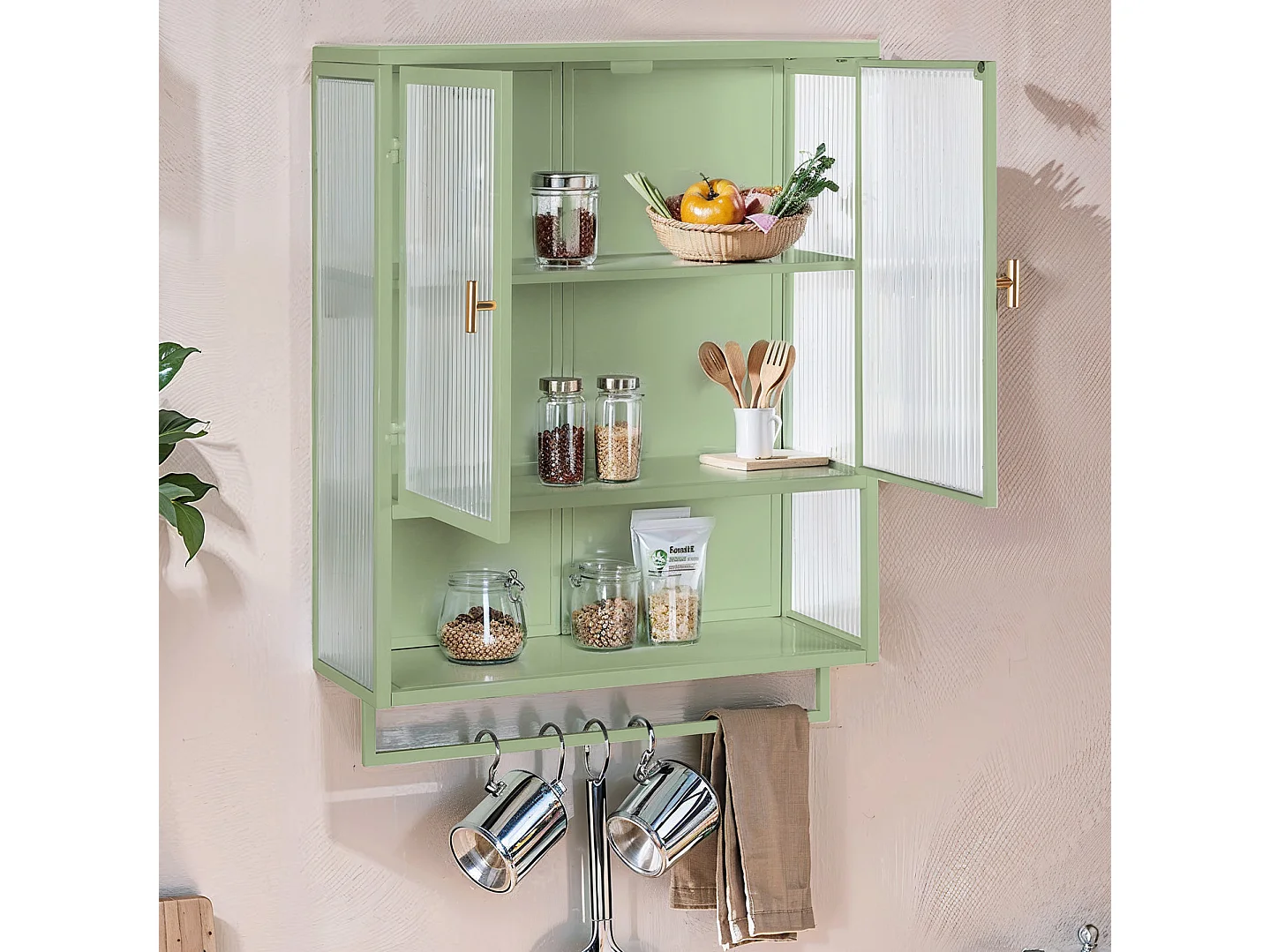 Cabinet mural à portes en verre moderne avec 2 portes, rangement à deux niveaux, étagère ouverte et porte-serviettes, vert (60x23x78 cm)
