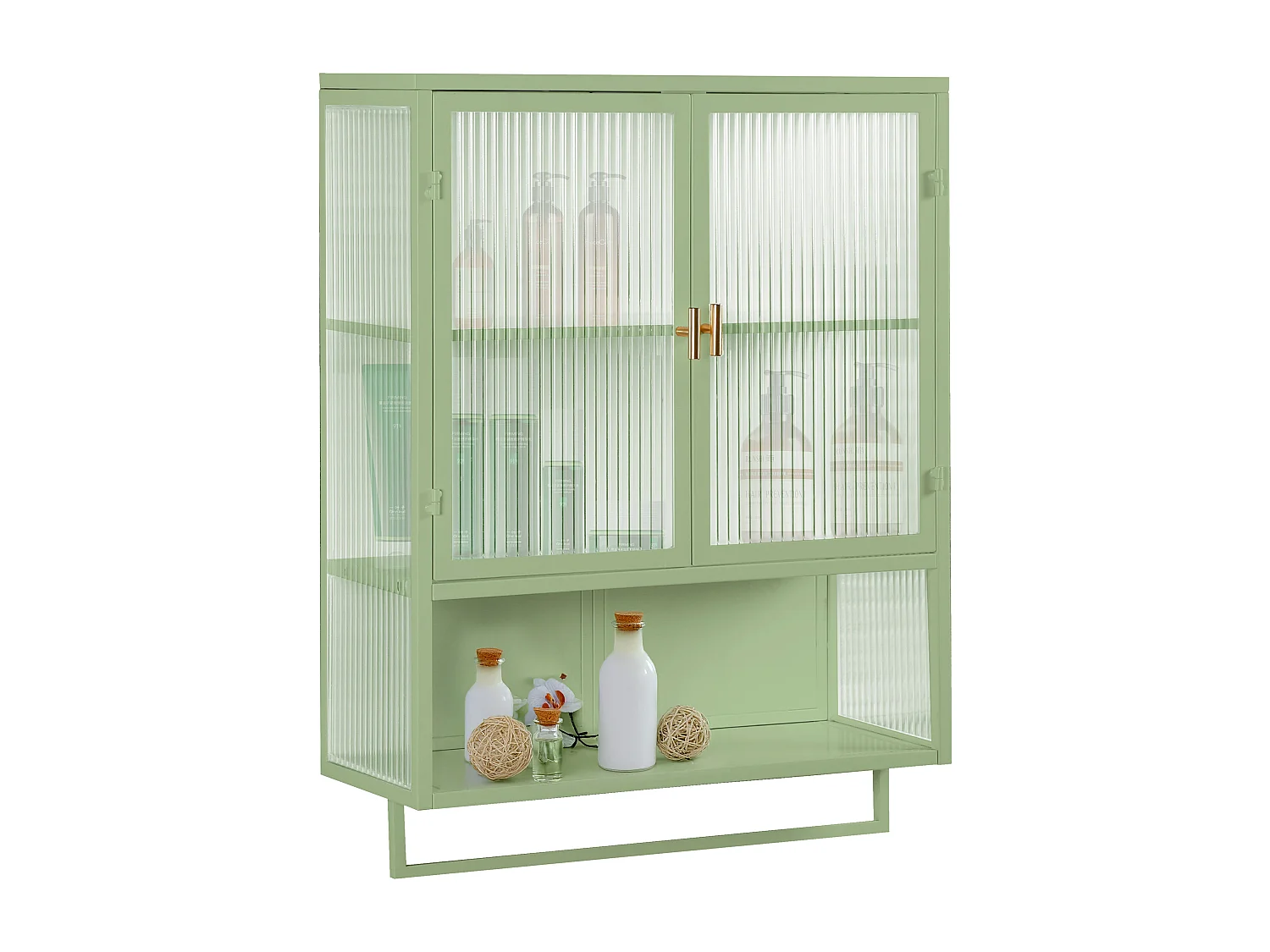 Cabinet mural à portes en verre moderne avec 2 portes, rangement à deux niveaux, étagère ouverte et porte-serviettes, vert (60x23x78 cm)