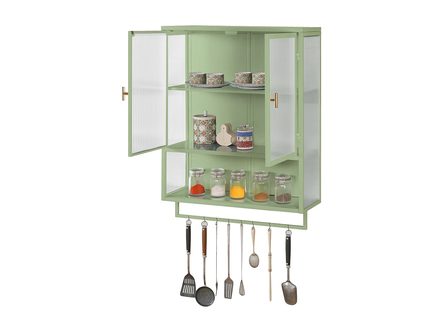 Cabinet mural à portes en verre moderne avec 2 portes, rangement à deux niveaux, étagère ouverte et porte-serviettes, vert (60x23x78 cm)