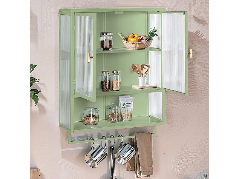 Cabinet mural à portes en verre moderne avec 2 portes, rangement à deux niveaux, étagère ouverte et porte-serviettes, vert (60x23x78 cm)