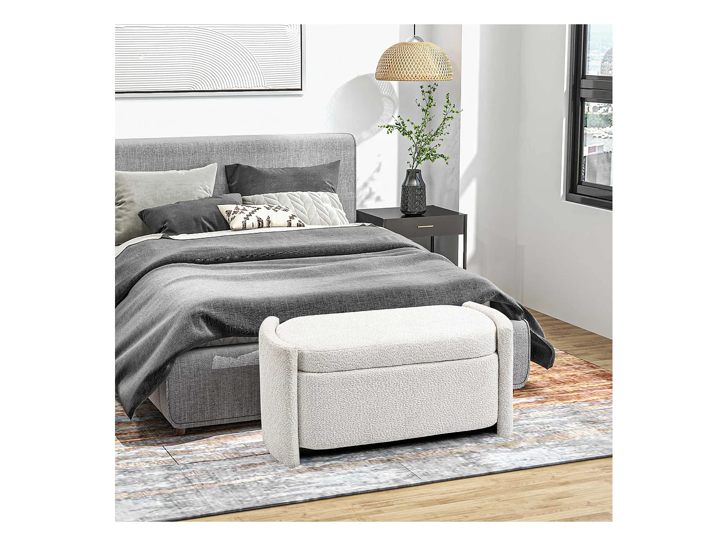 Opbergbank met kussen, fluweel, houten frame, crème (105x44x45,5cm)