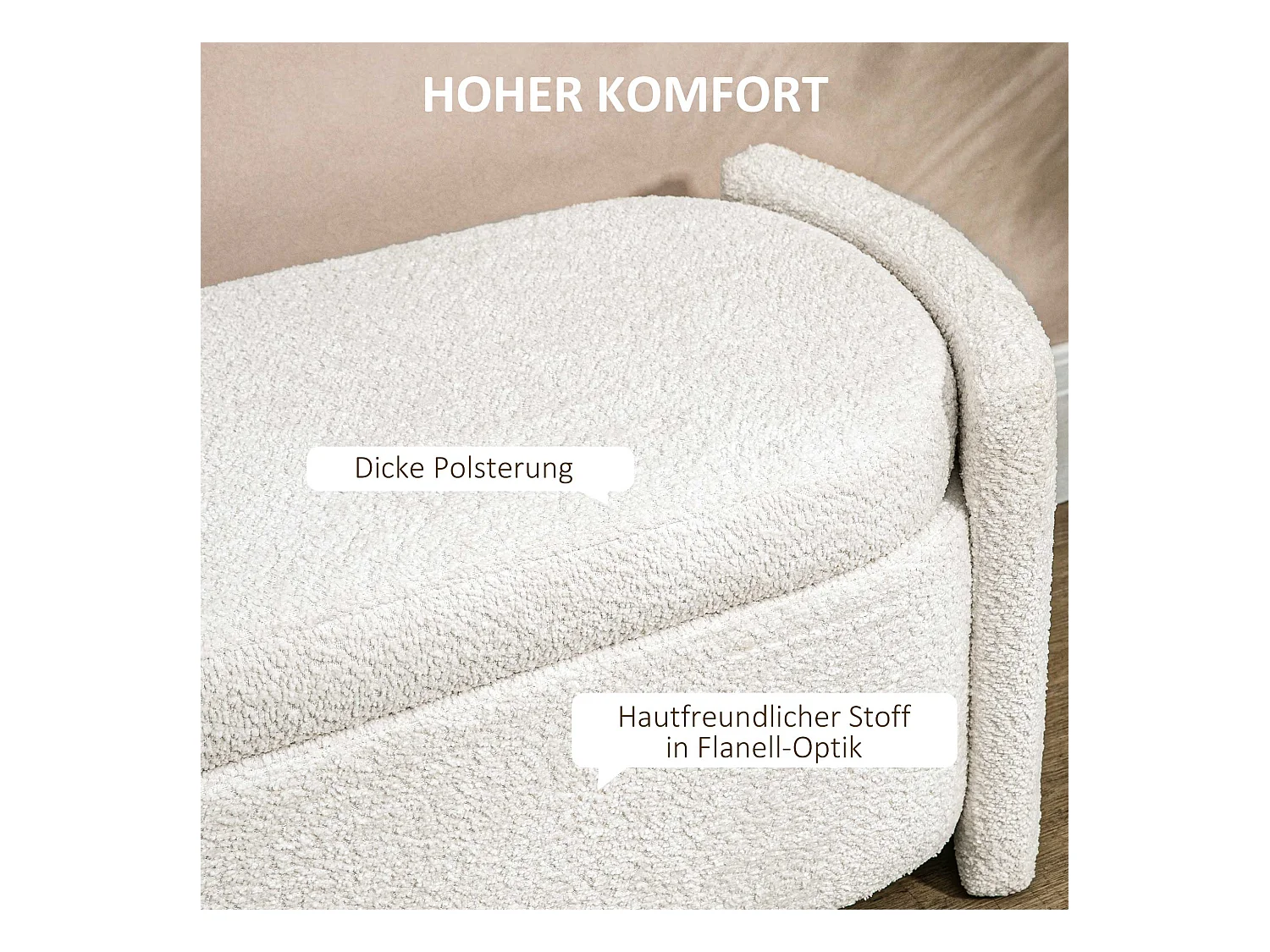 Opbergbank met kussen, fluweel, houten frame, crème (105x44x45,5cm)