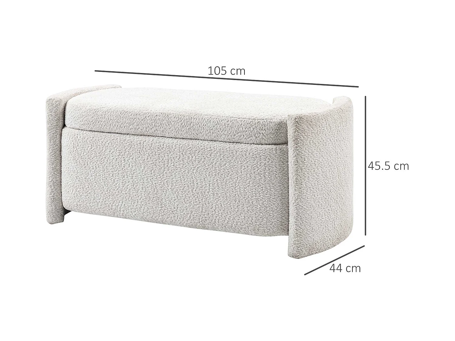 Banc de rangement avec coussin, velours, structure en bois, crème (105x44x45.5cm)