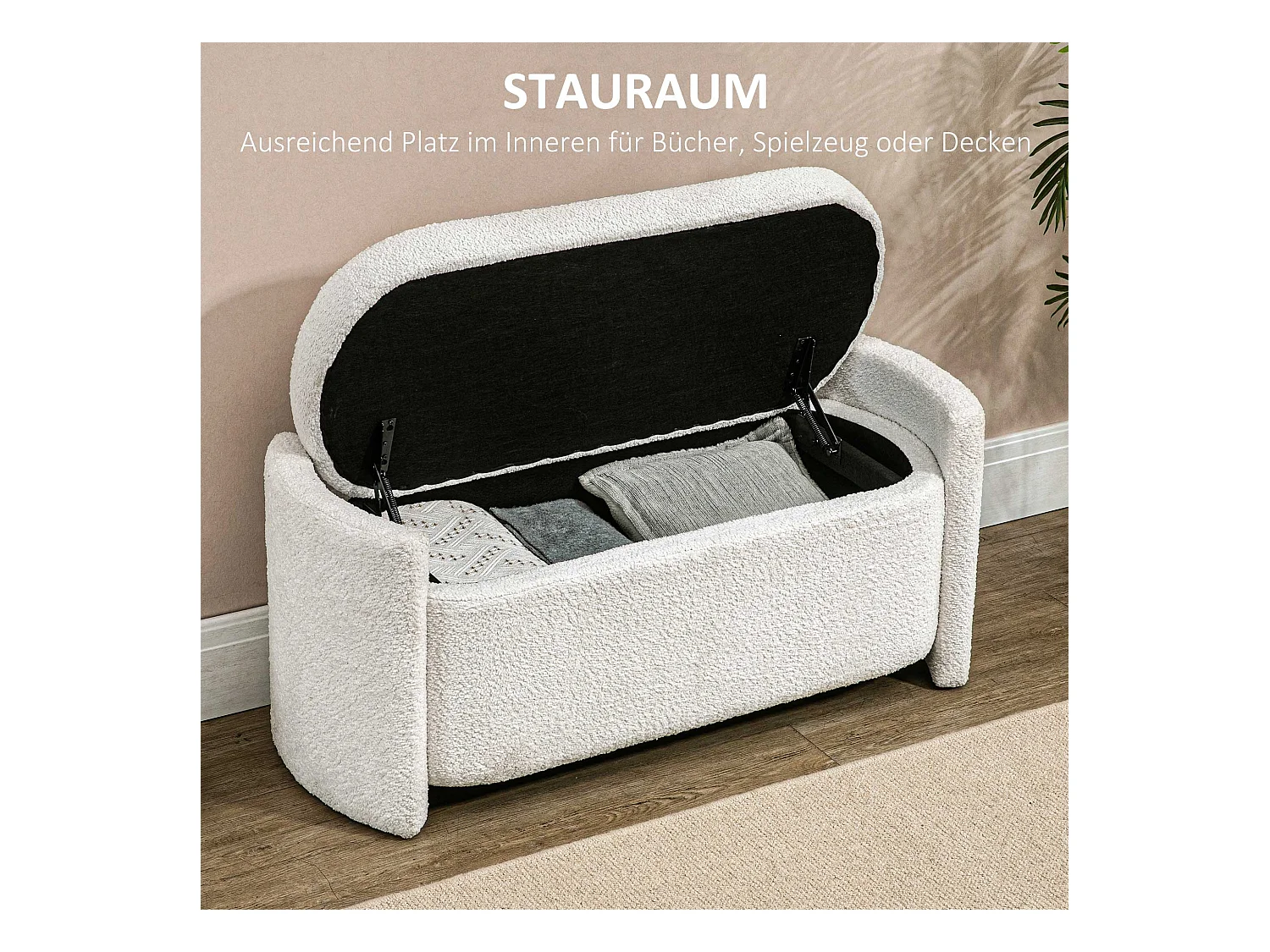Banc de rangement avec coussin, velours, structure en bois, crème (105x44x45.5cm)