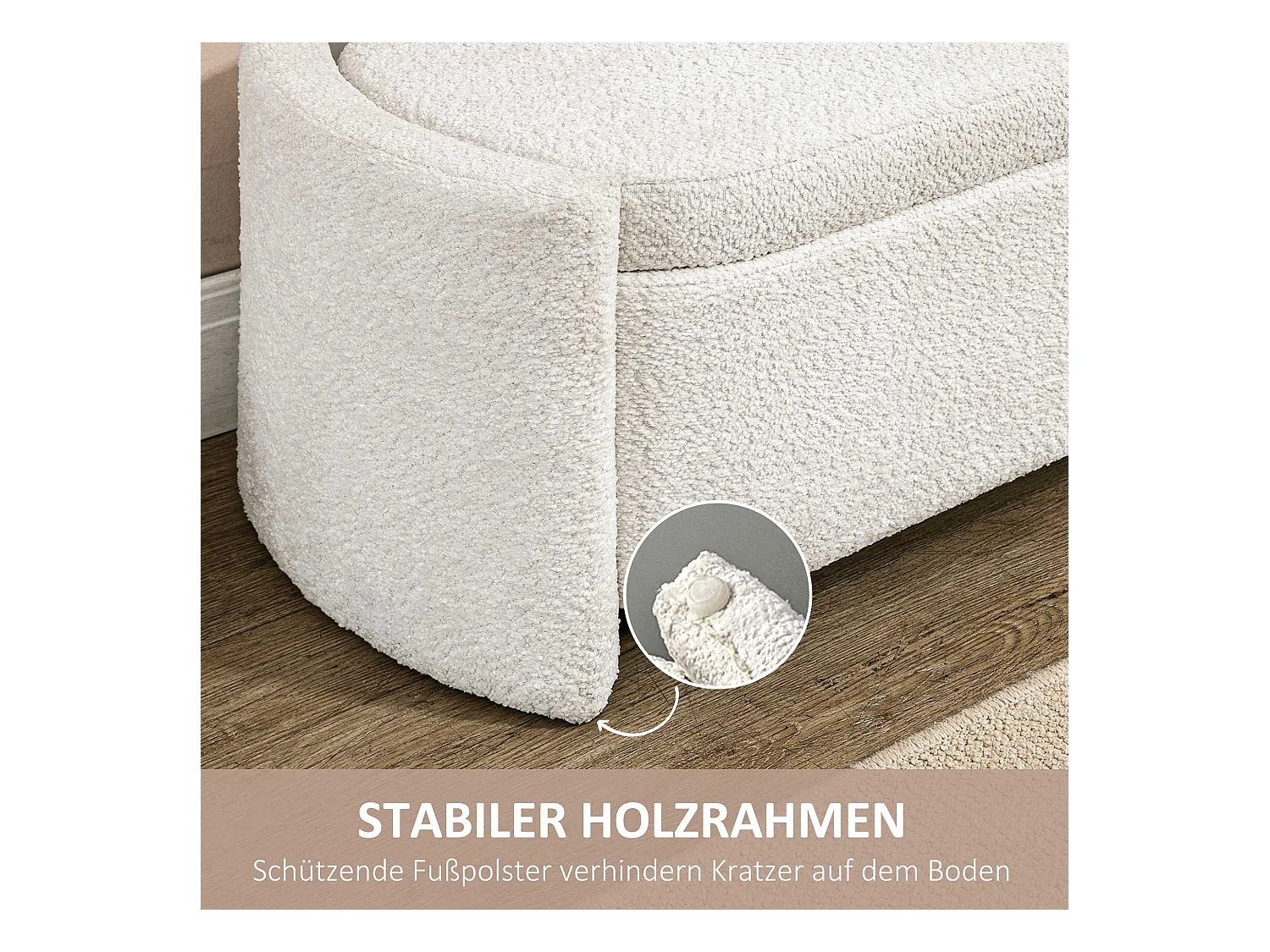 Banc de rangement avec coussin, velours, structure en bois, crème (105x44x45.5cm)
