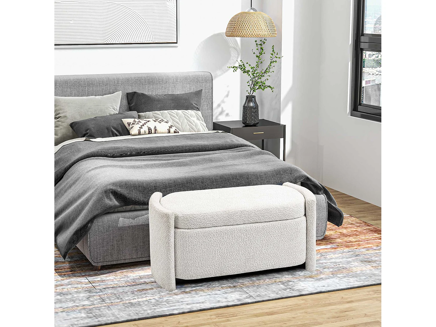 Banc de rangement avec coussin, velours, structure en bois, crème (105x44x45.5cm)