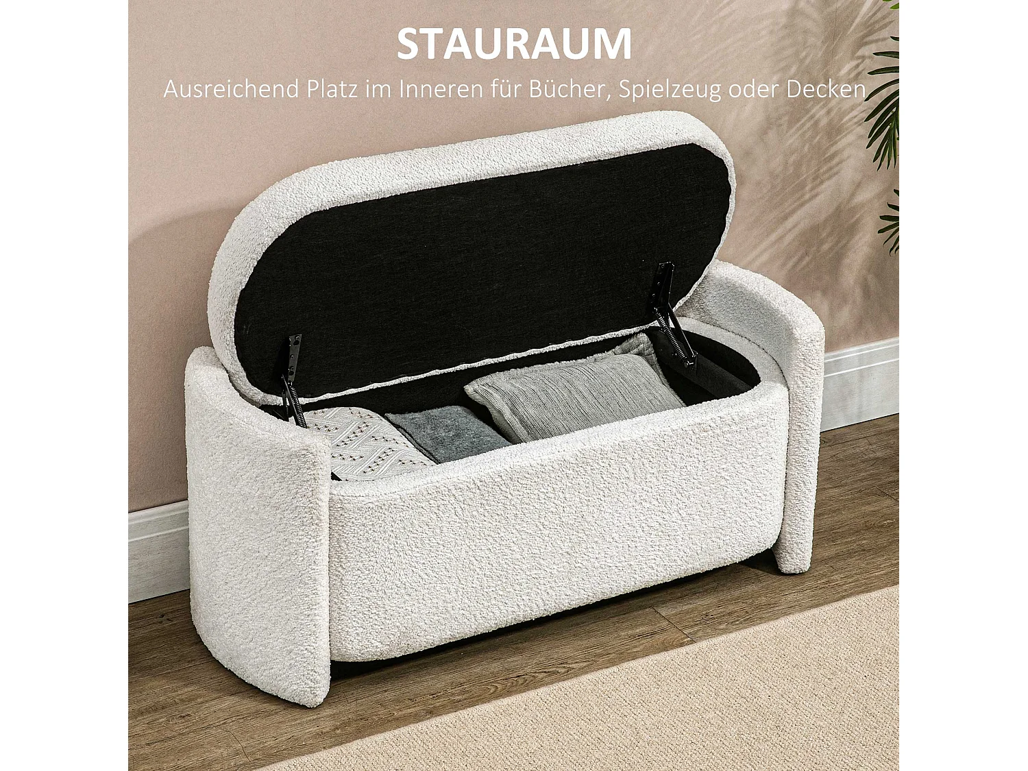 Banc de rangement avec coussin, velours, structure en bois, crème (105x44x45.5cm)